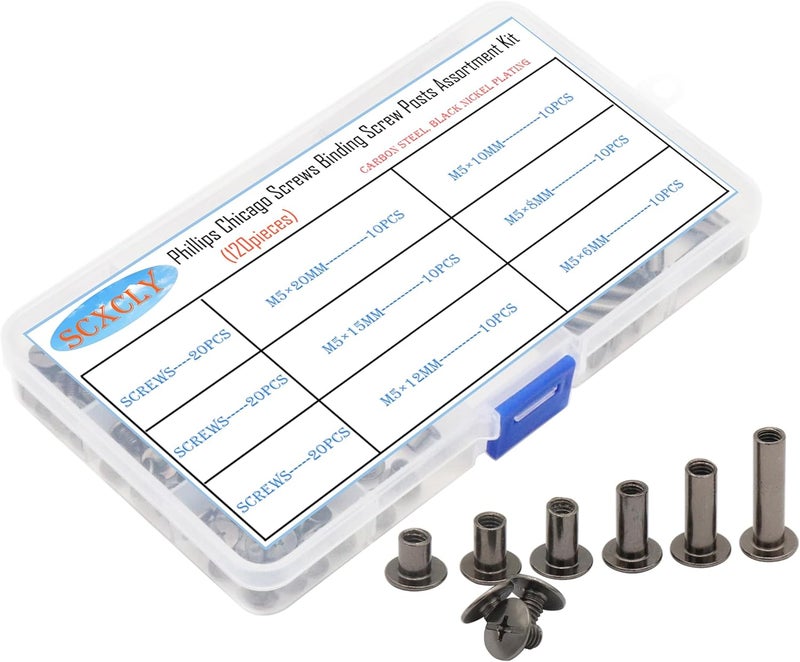 SCXCLY 120pcs Chicago Screws Binding Screw Posts Assortment Kit, 6 Sizes(M5 x 6/10/15/25/30/45mm), Carbon Steel Nickel-Plated (Black) - Image 1